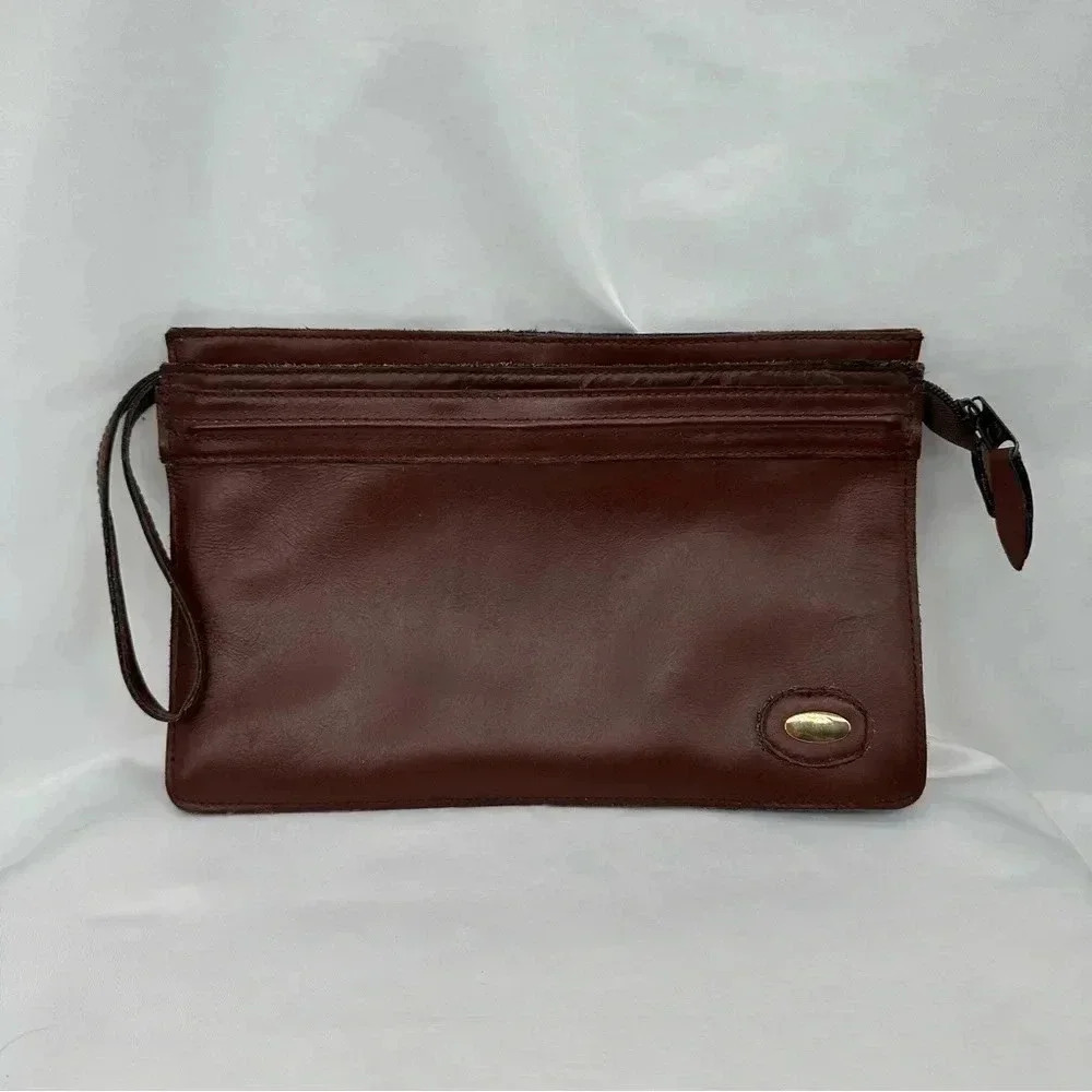 Leather Clutch‎ Brown Wristlet Handle Zipper